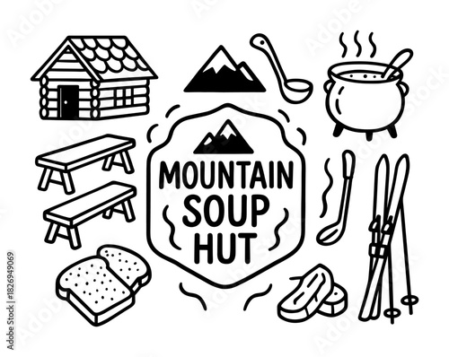 Cozy alpine soup cabin with rustic elements and adventure gear in bold outline style