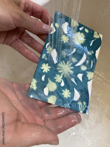 Rinsing blueprint in cold water and the green color will turn into blue