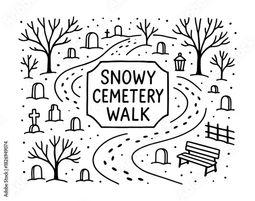 Winter cemetery stroll: minimalist black and white hand-drawn design