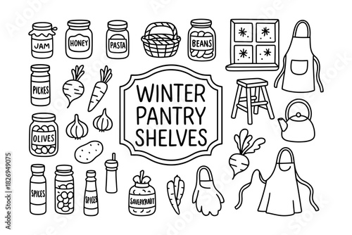 Charming winter pantry design with jars, vegetables, and kitchenware in simple line art