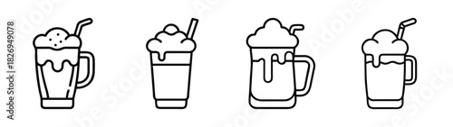 Delicious milkshake vector art: ice cream float, smoothie, dessert drink, sweet treat, black line drawing