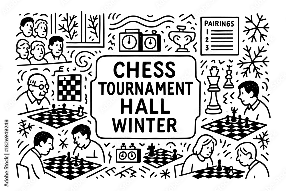 Fototapeta premium Chess tournament in winter theme with players and strategy elements