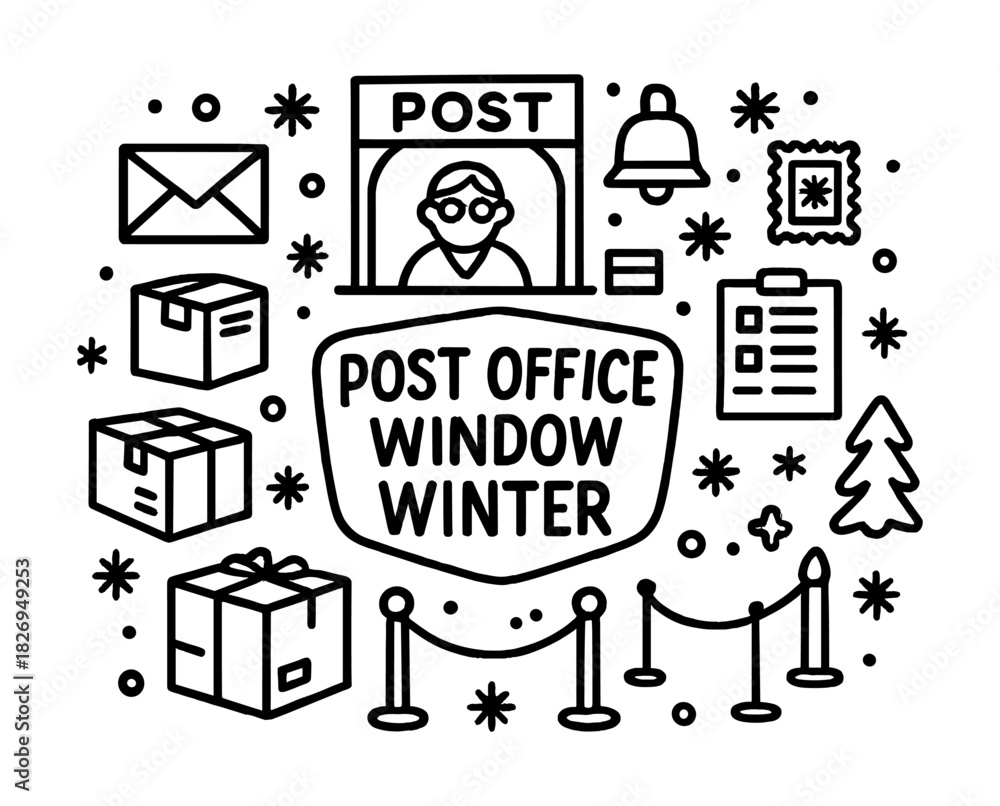Fototapeta premium Winter post office icon set with snowflakes and holiday elements in linear style