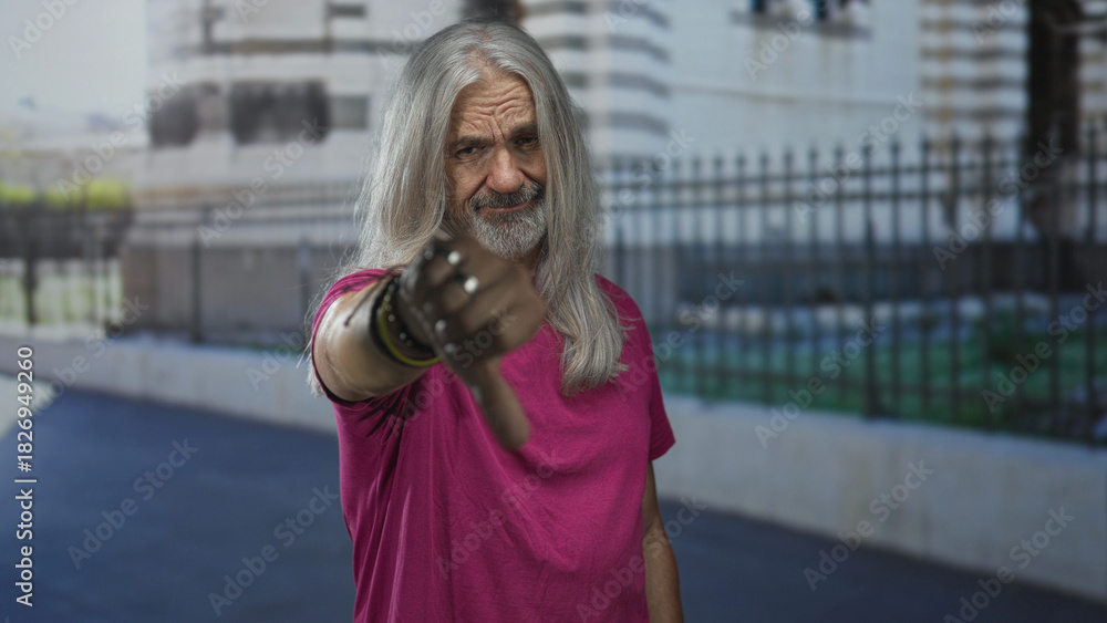 Fototapeta premium Man with long gray hair and beard showing thumbs down gesture on street in front of building fence and railing, wearing pink t shirt; disapproval defiance.