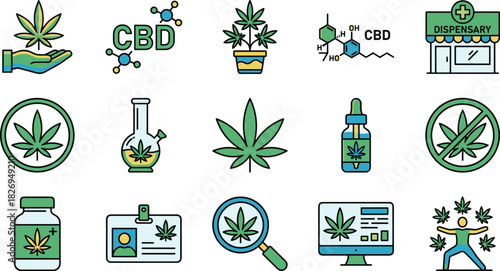 CBD, Cannabis, and Medical Marijuana Icon Set: Hemp Oil, Dispensary, Legalization, Chemical Formula, Leaf, Bong, and Medical Bottle for Health and Wellness Industry.