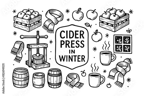 Rustic winter cider press with cozy elements and hand drawn style