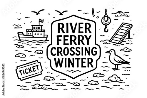 Monochrome river ferry winter scene with birds and ice fragments