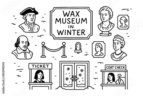Winter wax museum icons featuring historical figures in line art style