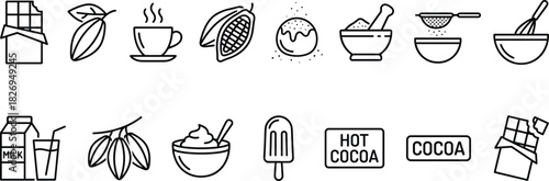 Chocolate, cocoa, and confectionery preparation icon set, including bar, bean, pod, hot drink, ice cream, milk, powder, and baking tools vector line symbols