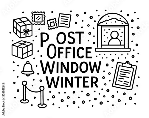 Winter post office scene with parcel and snow globe icons in linear style