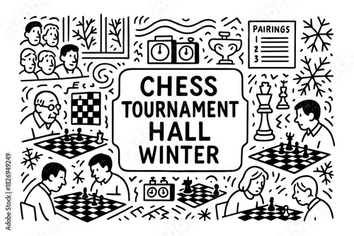 Chess tournament in winter theme with players and strategy elements