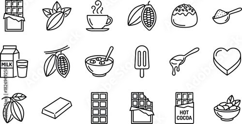 Chocolate, cocoa, and confectionery production icon set, featuring bar, pod, bean, hot drink, truffle, powder, ice cream, and sweet dessert vector symbols