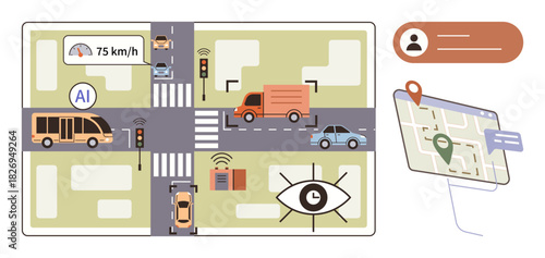 Urban intersection with AI speed monitoring, autonomous cars, buses, traffic signals, and live map navigation. Ideal for AI technology, smart cities, transportation, autonomous driving IoT safety