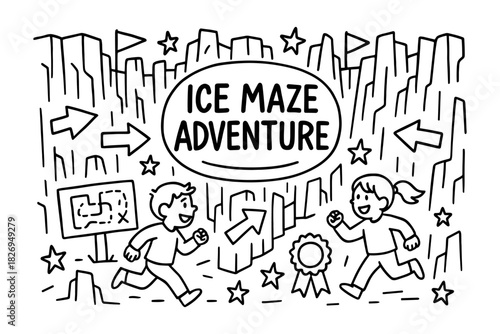 Fun ice maze adventure for kids with playful line art and characters