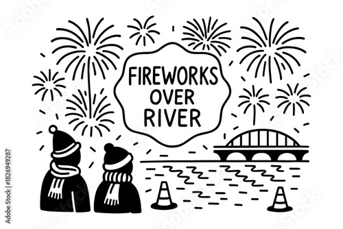 Celebratory fireworks display over river with spectators and bridge in linear art