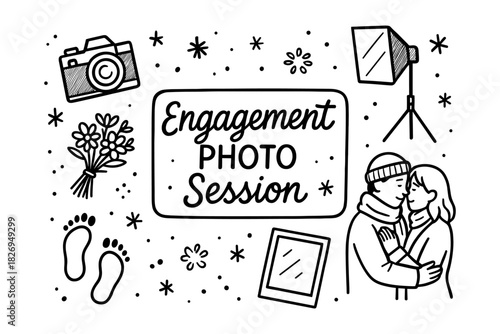 Engagement photography session elements in doodle style with camera and couple