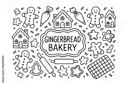 Festive gingerbread bakery doodle pattern with cookies and houses in black and white