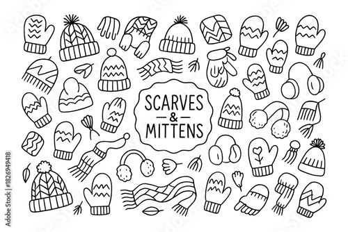 Cozy winter accessories pattern with scarves and mittens in doodle style