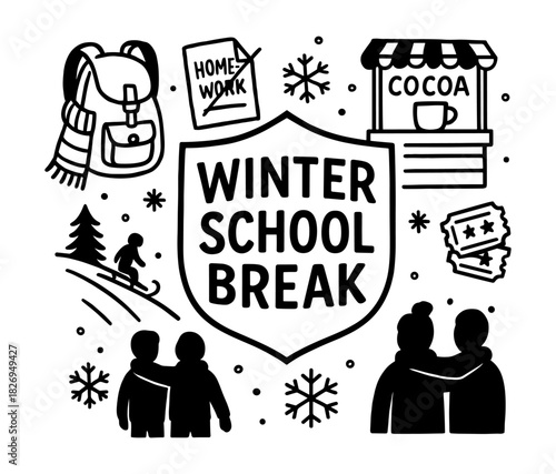 Cozy winter school break icons with snowflakes and hot cocoa themes