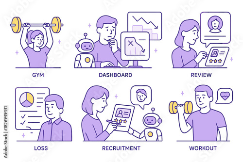 Business and technology: data analysis, recruitment, fitness, and robotics in linear style