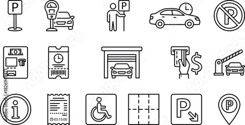 Parking, garage, and public transport service icon set, featuring payment machine, ticket, barrier, disabled access, time limit, and location pin vector symbols