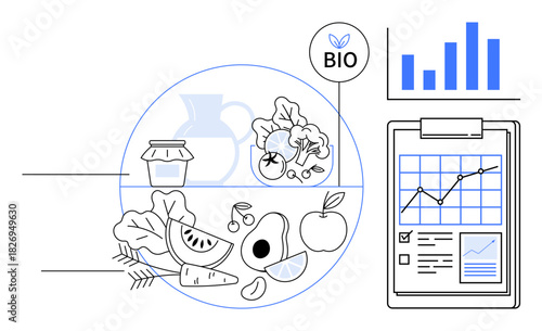 Bio-labeled natural foods including fruits, vegetables, and jam with data analysis on clipboard and chart. Ideal for wellness, sustainability, health tracking, organic lifestyle, nutrition planning