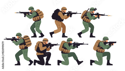 Collection of Soldiers in Various Combat Poses with Rifles.