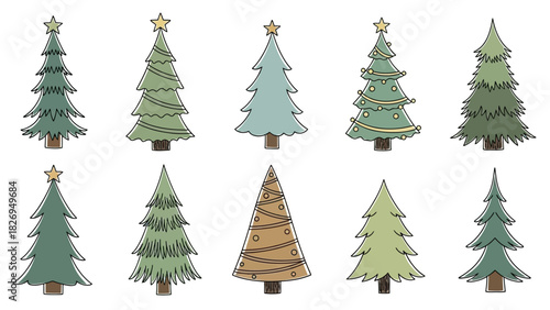 Collection of Stylized Christmas Trees with Star Toppers.