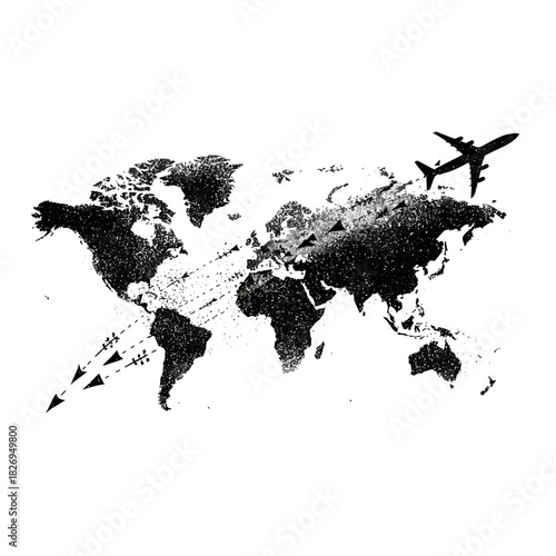 Airplane flying over world map illustration for travel or global business concept