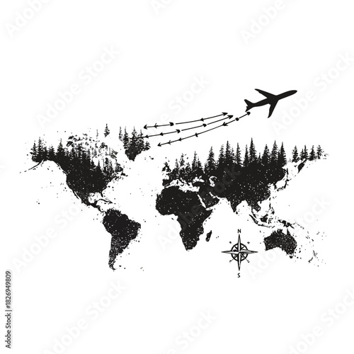Airplane flying over world map with forest details vector illustration