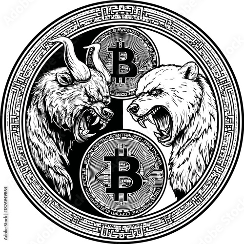 Bitcoin bull and bear in yin yang concept financial illustration