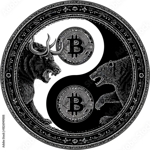 Bitcoin symbol with bull and bear in yin yang concept