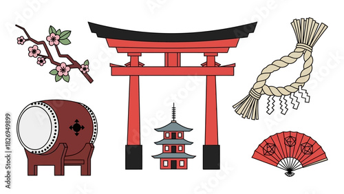 Collection of Traditional Japanese Cultural Symbols and Objects.