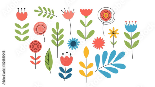 Colorful floral arrangement of various flowers and leaves in a decorative style.