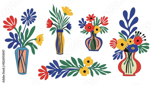 Colorful floral arrangements in vases, artistic botanical illustrations.