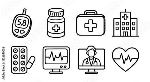 Healthcare icons set: medical devices, doctor, and hospital line art collection