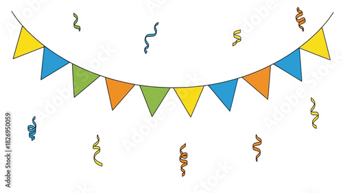 Colorful hanging party banner with festive confetti streamers.
