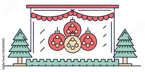 A festive scene featuring Christmas trees, garlands, and ornamental baubles displayed within a clean, minimalist architectural structure, suggesting a holiday celebration.