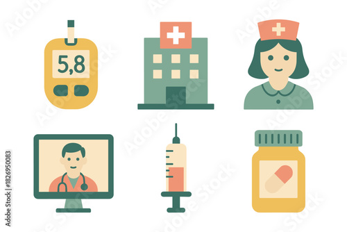 Healthcare icons for diabetes management and medical care in flat style