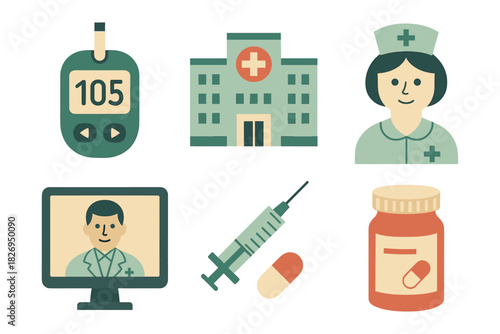 Healthcare icons set: hospital, nurse, doctor, syringe, medicine, glucometer for medical applications