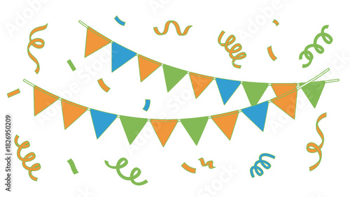 Colorful party bunting flags and confetti decorations for festive celebrations.