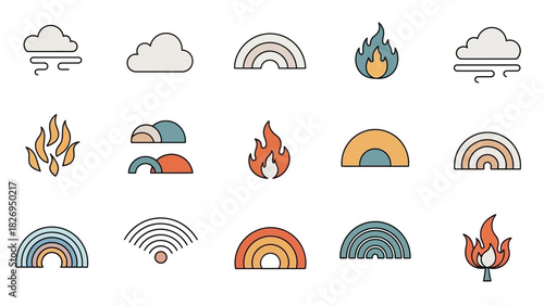 Colorful weather icons representing clouds fire rainbows and other elements.
