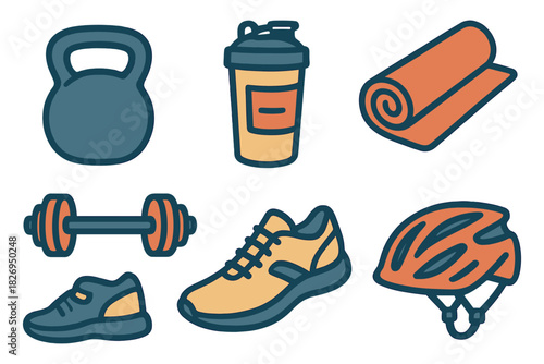 Fitness equipment icons: kettlebell, water bottle, yoga mat, dumbbell, running shoes, helmet