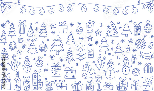 Blue Christmas doodle pattern with trees gifts snowmen