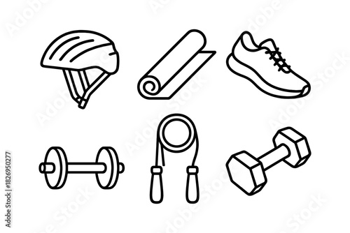 Essential fitness gear in linear style: helmet, yoga mat, sports shoes, dumbbells, jump rope