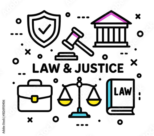 Colorful legal concept with law symbols and justice icons in modern outline style