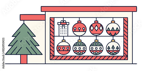 A festive Christmas tree stands next to a building window displaying a gift and an assortment of decorative ornaments, celebrating the holiday season.