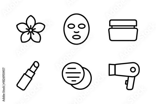 Set of linear beauty icons: flower, face mask, cream, lipstick, cotton pads, and hairdryer