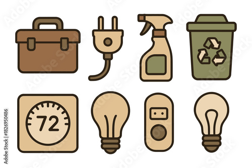 Eco-friendly home icons: outline style for sustainable living