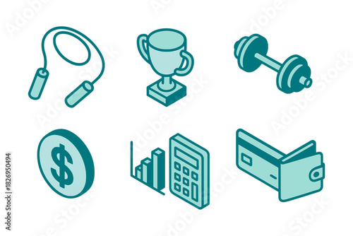 Isometric fitness and finance icons: jump rope, trophy, dumbbell, dollar coin, calculator, wallet